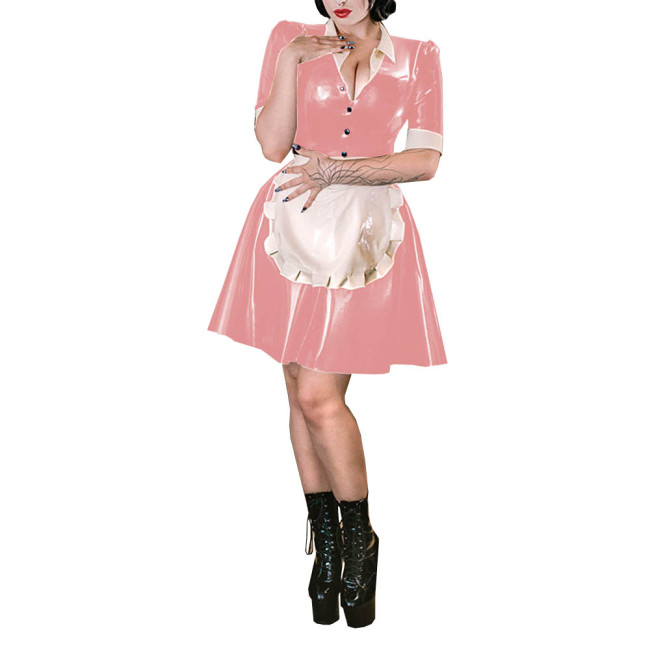 Party Latex Look A-line Cosplay Maid Dress Shiny PVC Leather Turn-Down Collar Button Maid Uniform with Apron Fetish Outfits 7XL