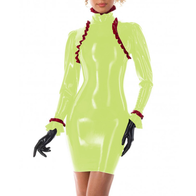 Turtleneck Women Fake Two Pieces Slim PVC Shiny Dress Wetlook Long Sleeve Ruffles Patchwork Sexy Bodycon Dress Fetish Clubwear