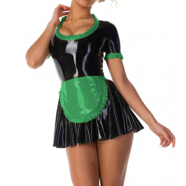 Halloween Cosplay Ruffles Round Neck A-line Maid Dresses Shiny PVC Leather Short Sleeve Apron Mini Pleated Dress Fetish Outfits