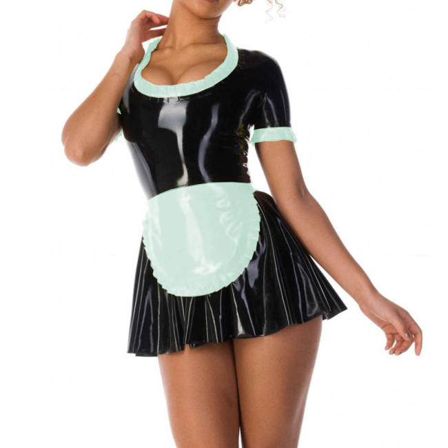 Halloween Cosplay Ruffles Round Neck A-line Maid Dresses Shiny PVC Leather Short Sleeve Apron Mini Pleated Dress Fetish Outfits