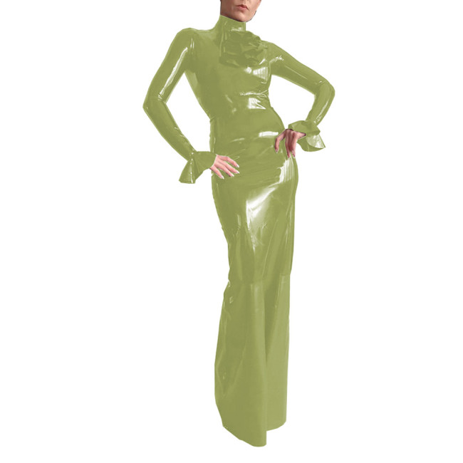 Elegant Chic Shiny PVC Leather Bodycon Trumpet Long Sleeves Dress Womens Wetlook High Neck Maxi Dresses Lady Party Streetwear
