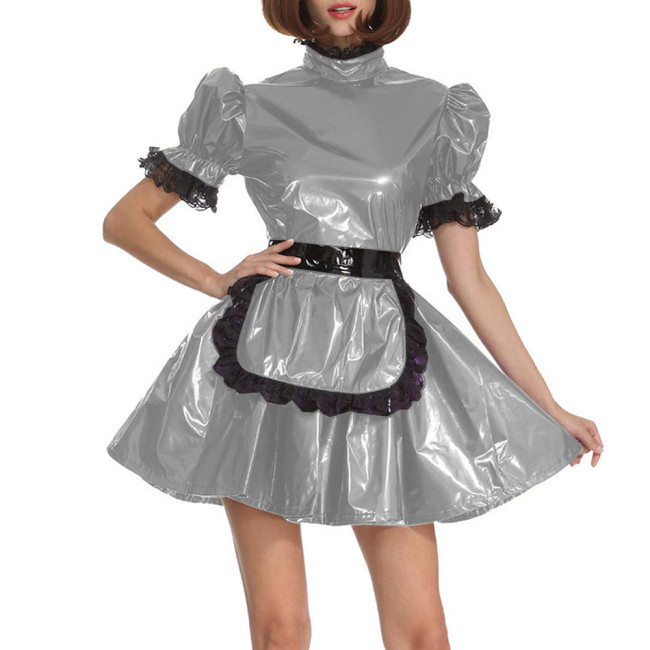 Lockable Sissy Lace Trims A-line PVC Shiny Maid Dress Exotic Short Puff Sleeve Apron Mini Maid Uniforms Latex Look Maid Costume