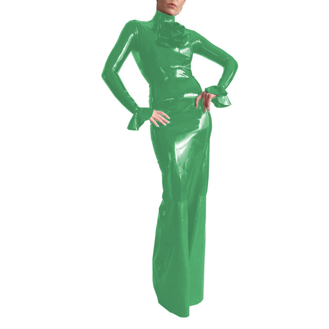 Elegant Chic Shiny PVC Leather Bodycon Trumpet Long Sleeves Dress Womens Wetlook High Neck Maxi Dresses Lady Party Streetwear