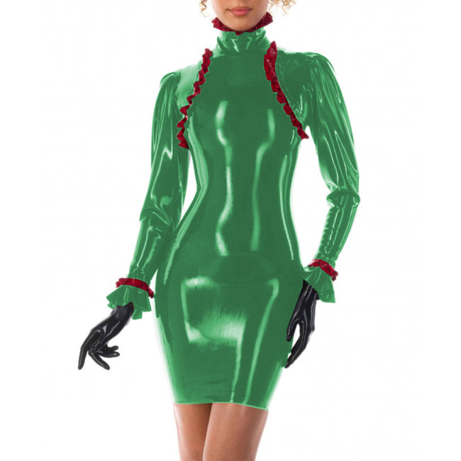 Turtleneck Women Fake Two Pieces Slim PVC Shiny Dress Wetlook Long Sleeve Ruffles Patchwork Sexy Bodycon Dress Fetish Clubwear