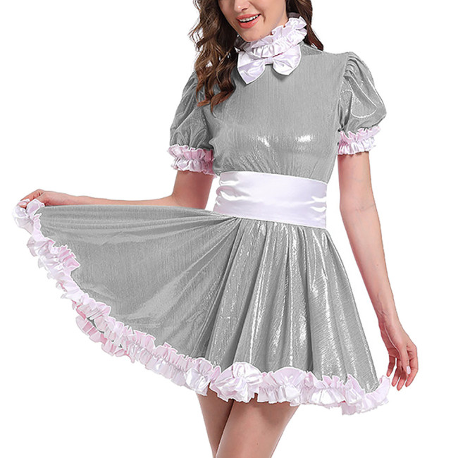 Sissy Bow Ruffles Metallic Shiny A-line Pleated Dress Raves Party High Neck Sweet Mini Dress Short Puff Sleeve Role Play Outfit