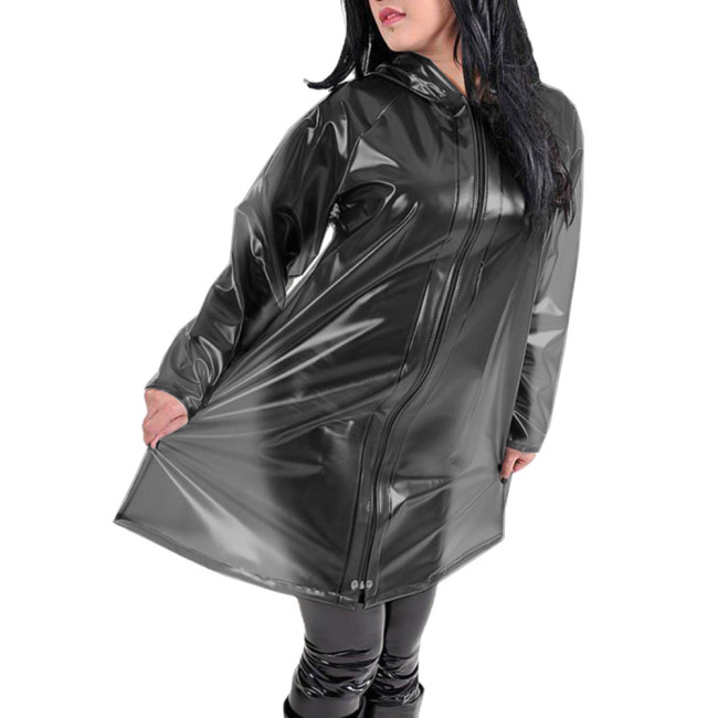 Fetish Plastic Womens Hooded Long Sleeve Jackets Punk Zipper Clear PVC Long Coats Sissy Sexy See Through Party Club Wear Female
