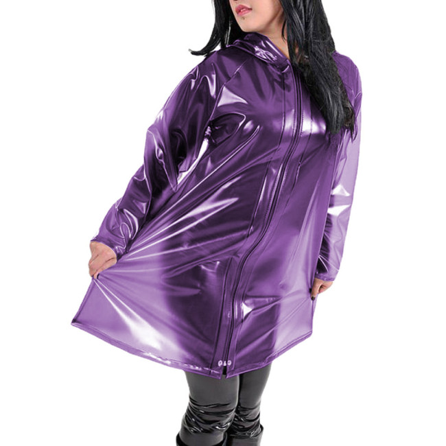 Fetish Plastic Womens Hooded Long Sleeve Jackets Punk Zipper Clear PVC Long Coats Sissy Sexy See Through Party Club Wear Female