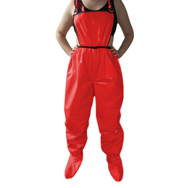 Sissy Sexy Wet PVC Leather Leg-covering Jumpsuit Exotic Adult Baby Pants Adjustable Straps Faux Latex Look Suspender Bodysuit