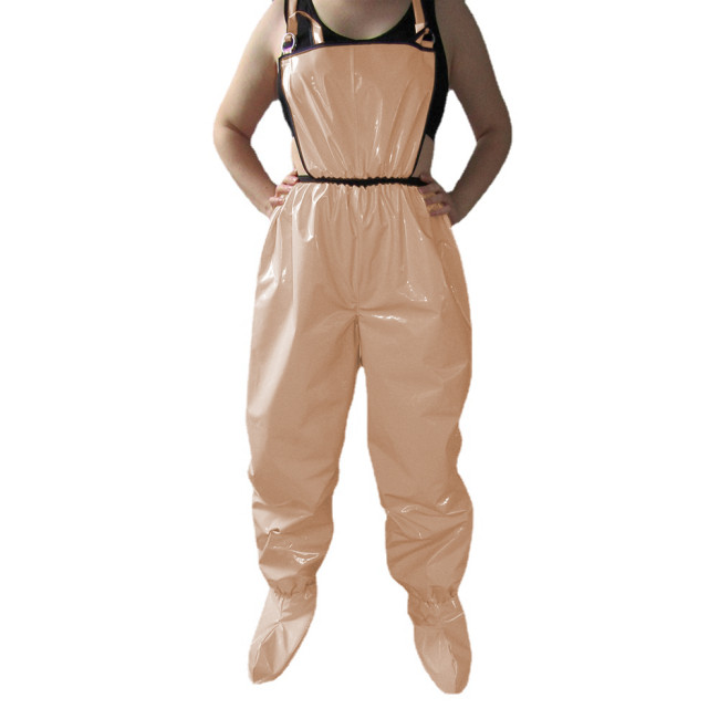 Sissy Sexy Wet PVC Leather Leg-covering Jumpsuit Exotic Adult Baby Pants Adjustable Straps Faux Latex Look Suspender Bodysuit