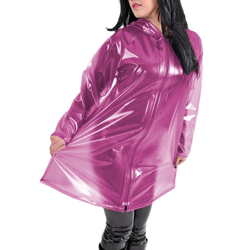 Fetish Plastic Womens Hooded Long Sleeve Jackets Punk Zipper Clear PVC Long Coats Sissy Sexy See Through Party Club Wear Female