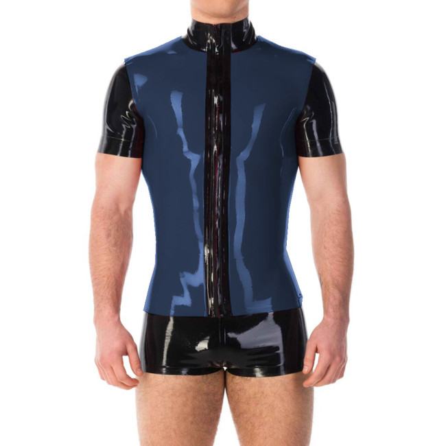 Mens Patchwork Tops Wetlook PVC Leather Short Sleeve Shirts Sexy Male Sheath Blouse Zipper Shirt Nightclub Party Club Jackets