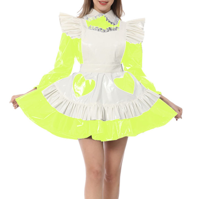 Sweet Kawaii Shiny PVC Leather Peter Pan Collar Mini Maid Dress with Ruffles Apron Sissy Fetish Party Cosplay Maid Uniforms 7XL