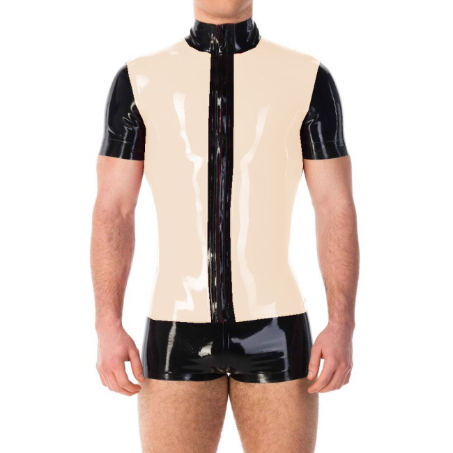 Mens Patchwork Tops Wetlook PVC Leather Short Sleeve Shirts Sexy Male Sheath Blouse Zipper Shirt Nightclub Party Club Jackets