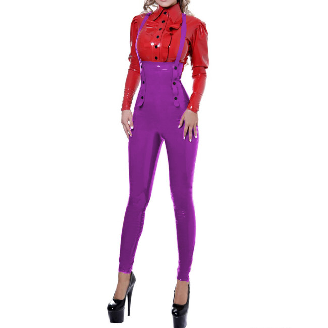 Sexy High Waist Pencil Pants Skinny Brace Pants Gothic Glossy PVC Leather Suspender Rompers Straps Overalls Streetwear Casual