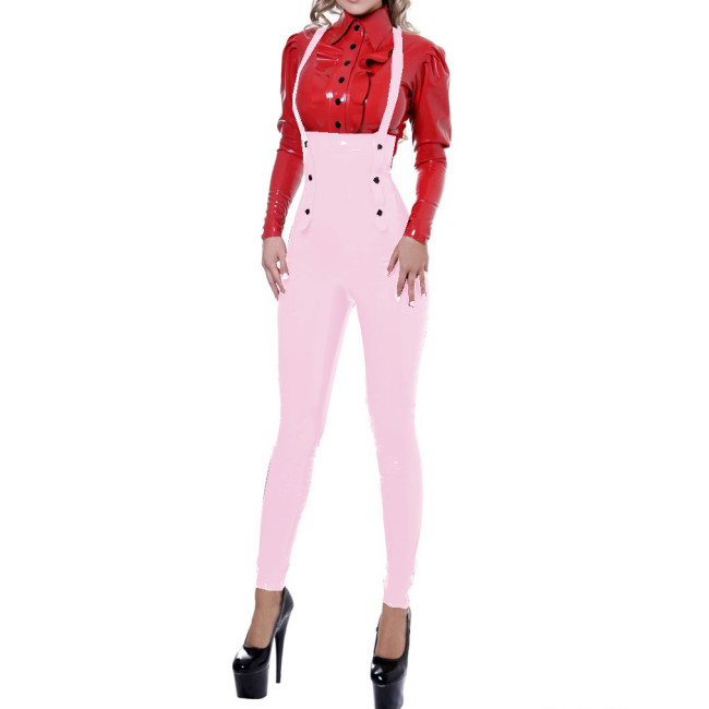 Sexy High Waist Pencil Pants Skinny Brace Pants Gothic Glossy PVC Leather Suspender Rompers Straps Overalls Streetwear Casual