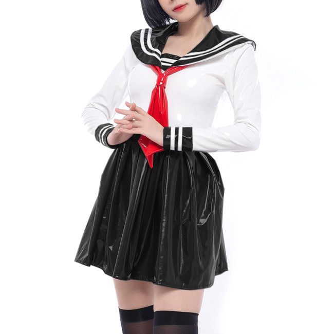 Anime Cosplay School Uniform Shiny PVC Leather Long Sleeve Sailor Dress Sets Halloween Party Club Role Play Navy Dress Outfits