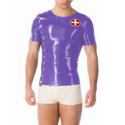 Mens Wet PVC Leather Button Up Shirt Top Wetlook Short Sleeve Party Cosplay Nurse Doctor Top Clubwear Exotic Sexy Tight T-shirt