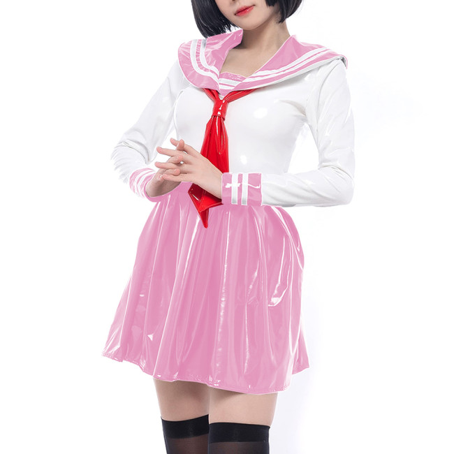 Anime Cosplay School Uniform Shiny PVC Leather Long Sleeve Sailor Dress Sets Halloween Party Club Role Play Navy Dress Outfits