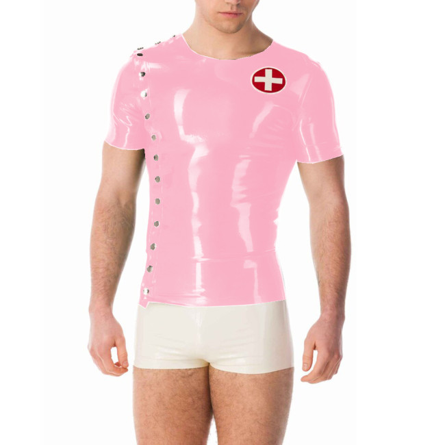 Mens Wet PVC Leather Button Up Shirt Top Wetlook Short Sleeve Party Cosplay Nurse Doctor Top Clubwear Exotic Sexy Tight T-shirt