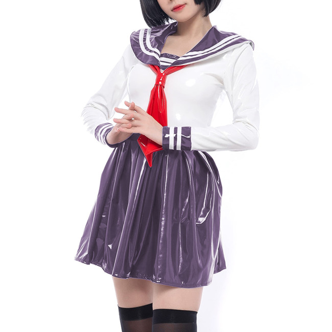 Anime Cosplay School Uniform Shiny PVC Leather Long Sleeve Sailor Dress Sets Halloween Party Club Role Play Navy Dress Outfits