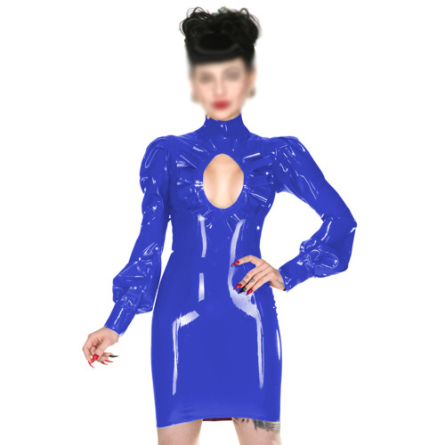 Woman Sexy Bodycon Long Sleeve Slim PVC Shiny Short Dress Lady Ruffles Hollow Out High Neck Glossy Faux Leather Tight Club Dress