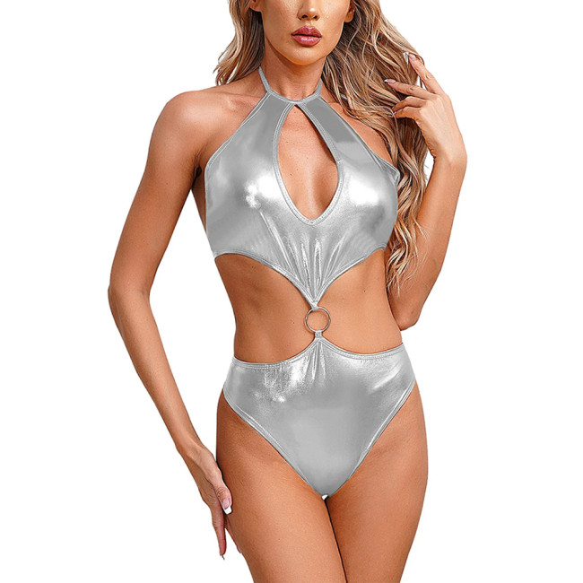 Sexy Metallic Teddy Bodysuit Women Vinyl Halter Backless Hollow Out Swimsuit Exotic Lingerie Female Raves Party Bikini Outfits
