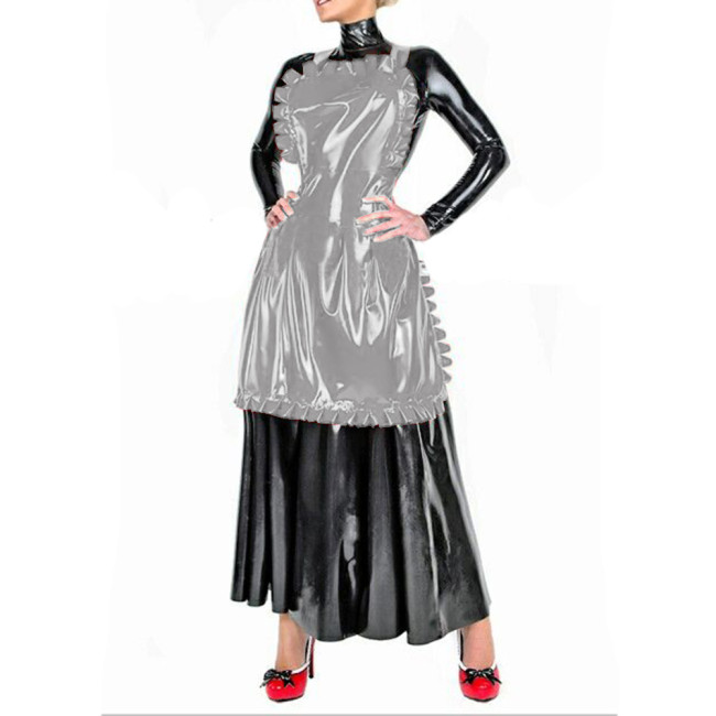 Vinyl Faux Leather Unisex Anime Cosplay Costume Maid Outfit Lockable Dress with Apron Long Sleeve Dress Uniform Party Club 7XL