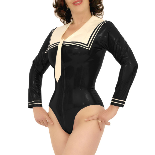Sexy Front Zipper Open Crotch Womens Cosplay Sailor Collar Bodysuit Wetlook PVC Leather Party Long Sleeve Tight Sailor Uniforms