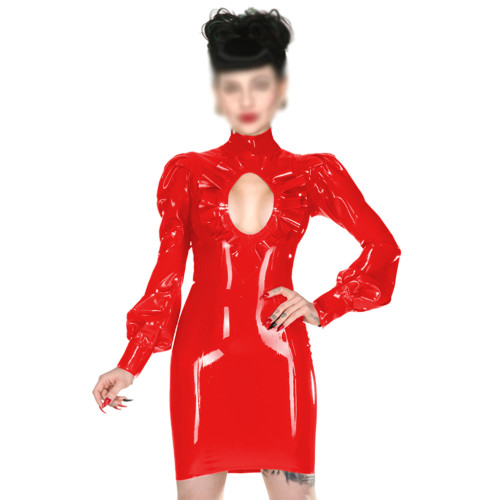 Woman Sexy Bodycon Long Sleeve Slim PVC Shiny Short Dress Lady Ruffles Hollow Out High Neck Glossy Faux Leather Tight Club Dress