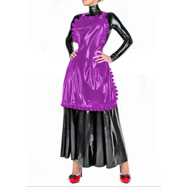 Vinyl Faux Leather Unisex Anime Cosplay Costume Maid Outfit Lockable Dress with Apron Long Sleeve Dress Uniform Party Club 7XL