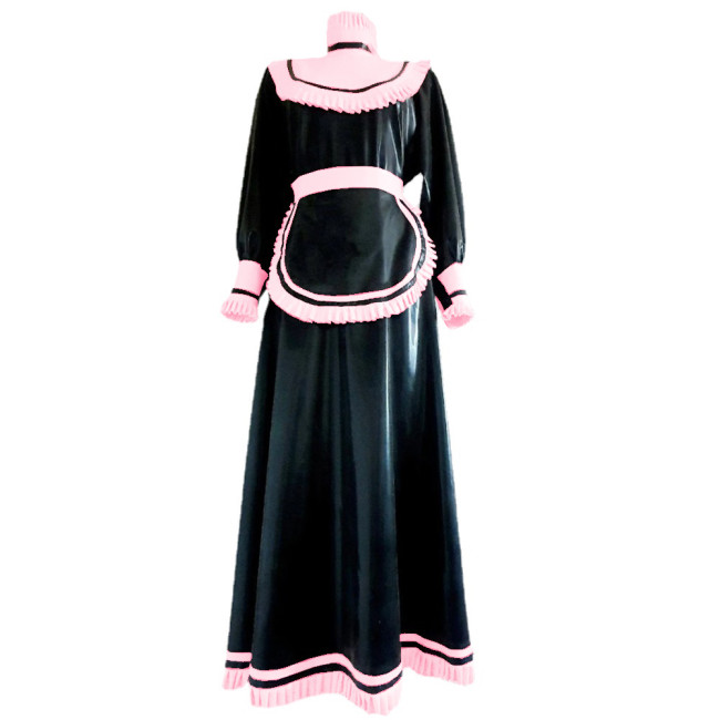 Glossy PVC Leather Long Sleeve Dress With Apron Cosplay Suits Outfits Sexy RufflesTurtleneck Maid Costumes Plus Size 7XL