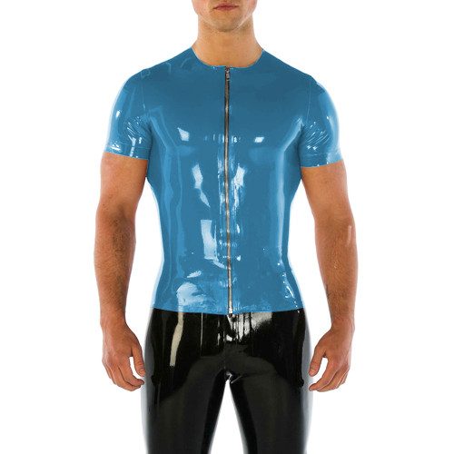 Mens O-neck T-shirt Full Front Zip Solid Glossy PVC Leather Short Sleeve Tops Male Casual Blouse  Fashion Street Bodycon Jackets