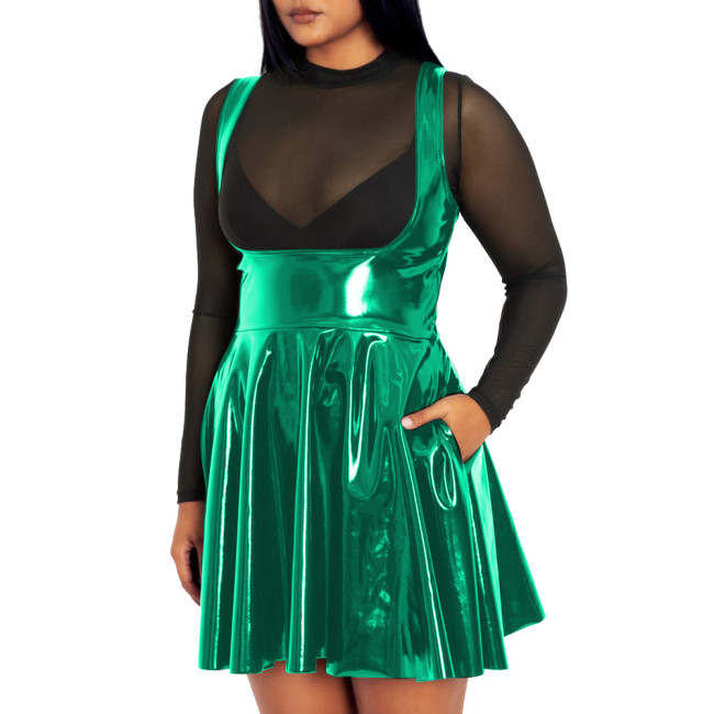 Plus Size Womens Bodycon Sexy Underbust Pleated Dress Wet PVC Leather Sleeveless High Waist A-line Mini Dress Female Clubwear