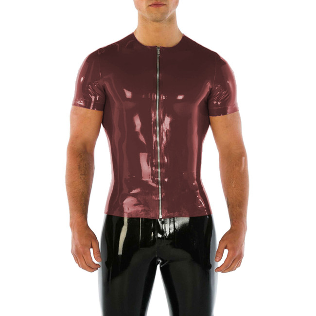 Mens O-neck T-shirt Full Front Zip Solid Glossy PVC Leather Short Sleeve Tops Male Casual Blouse  Fashion Street Bodycon Jackets