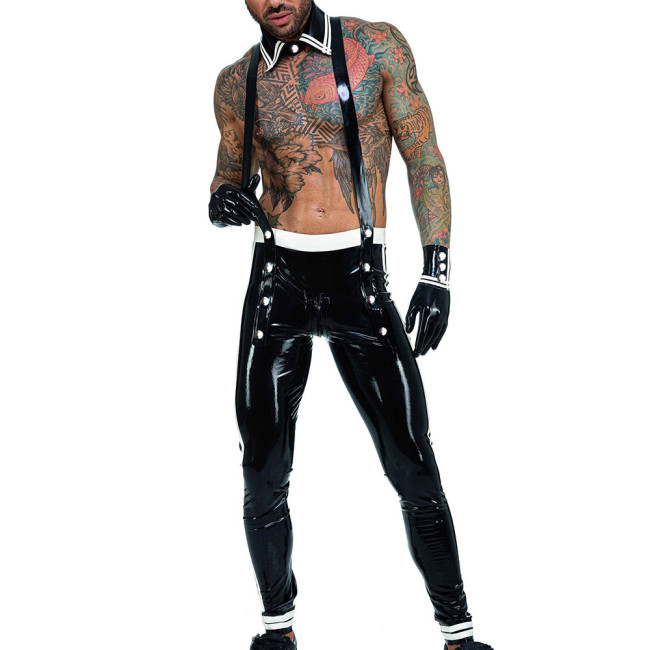 Men Wet PVC Jumpsuits Glossy Patent Leather Suspender Straps Rompers Fashion Nightclub Zip Crotch Male Overalls Fetish Clubwear