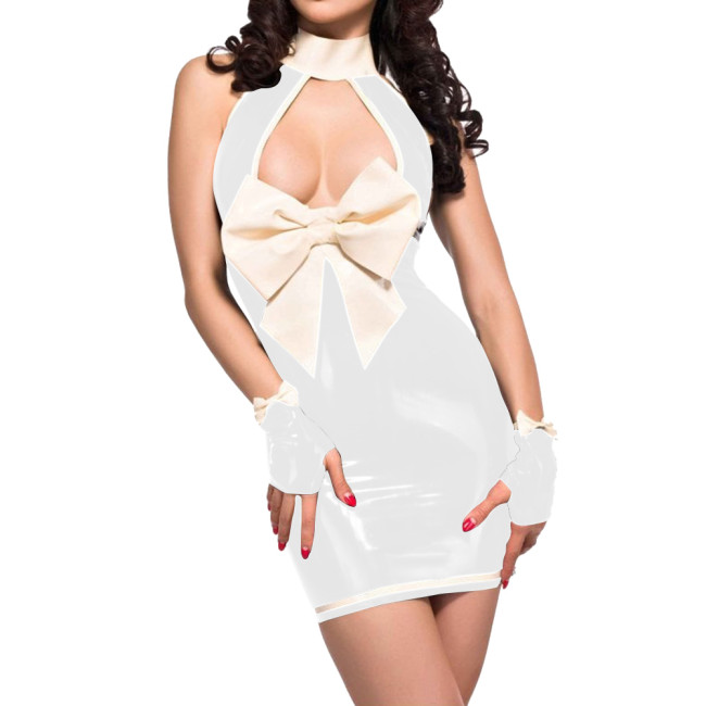 Hotties Wet Hollow Out Bodycon PVC Leather Mini Dress with Gloves Raves Party Sexy High Neck Sleeveless Skinny Bow Pencil Dress