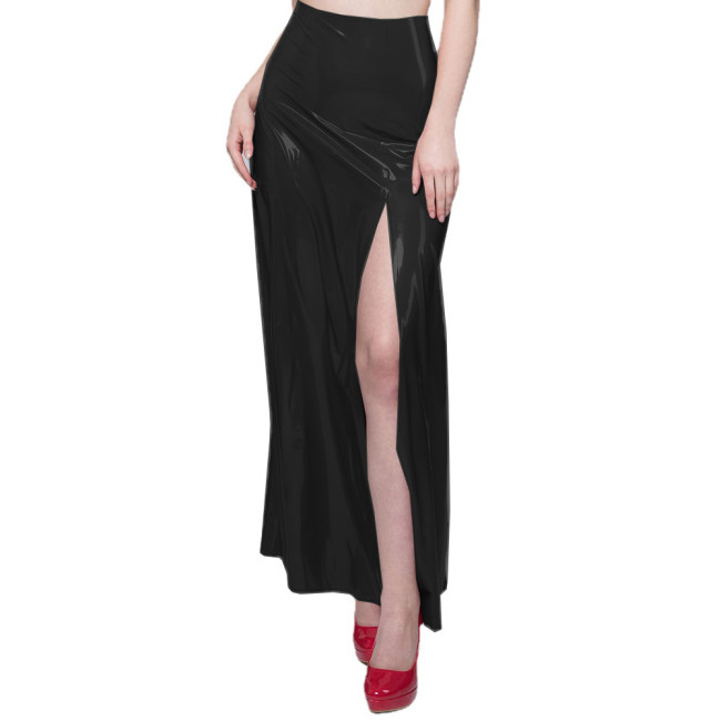 Gothic Pleated Skirt Sexy Low Waist Women Split Skirt Leather PVC Female Split Midi Skirts Club Ankle Length Long Skirts 7XL