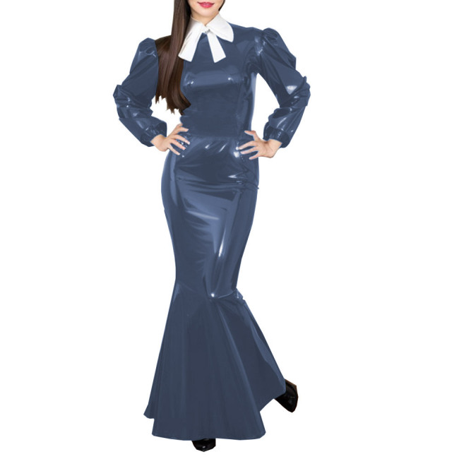 Elegant PVC Wet Look Long Prom Dresses Puff Long Sleeve Glossy Patent Leather Bow O-Neck Maxi Dress Evening Gowns Women Clothing