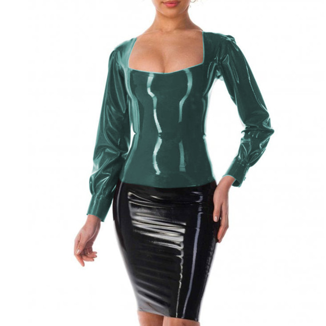 Lady High Street Square Neck Long Sleeve PVC Shiny Tops Woman Fashion Slim Fit Glossy Patent Leather T-shirts Club Female Blouse