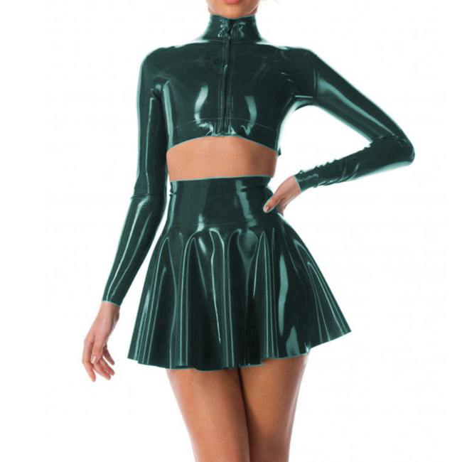 Sexy Wet PVC Leather 2 Piece Sets for Women Glossy Long Sleeve High Neck Crop Tops High Waist A-line Mini Skirts Party Outfits
