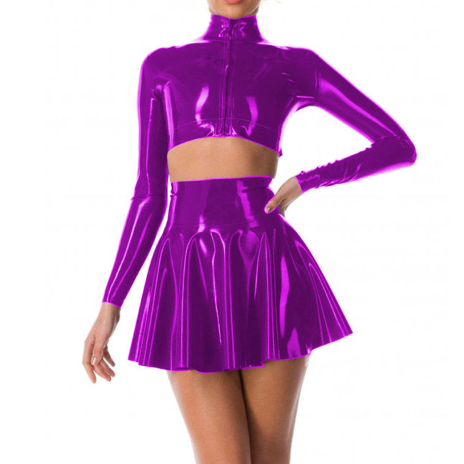 Sexy Wet PVC Leather 2 Piece Sets for Women Glossy Long Sleeve High Neck Crop Tops High Waist A-line Mini Skirts Party Outfits