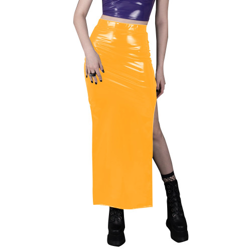 Gothic Punk Glossy PVC Leather Split Women Long Skirts Female High Waise Slim Midi Skirt Sexy Wetlook Solid Fashion Streetwear