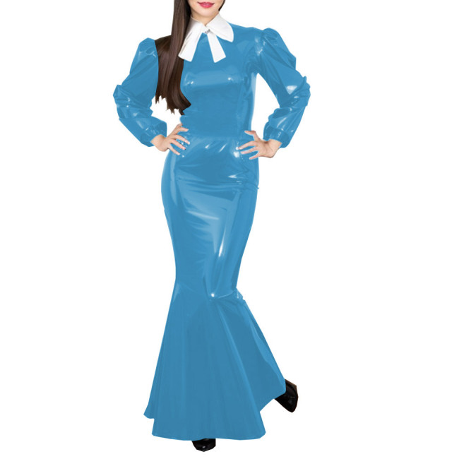 Elegant PVC Wet Look Long Prom Dresses Puff Long Sleeve Glossy Patent Leather Bow O-Neck Maxi Dress Evening Gowns Women Clothing