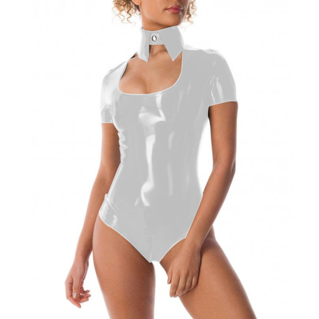 Womens Wet Look PVC Leather Short Sleeves Bodysuit with Collar Club Zipper Crotch Leotard Pole Dancing High Cut Jumpsuit Cosplay