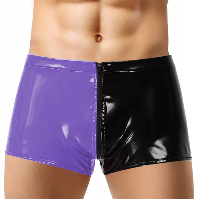 Men's Shiny PVC Leather Patchwork Boxer Shorts Sexy Zipper Open Crotch Protruding Wet Look Male Hot Pants Pole Dancing Costume