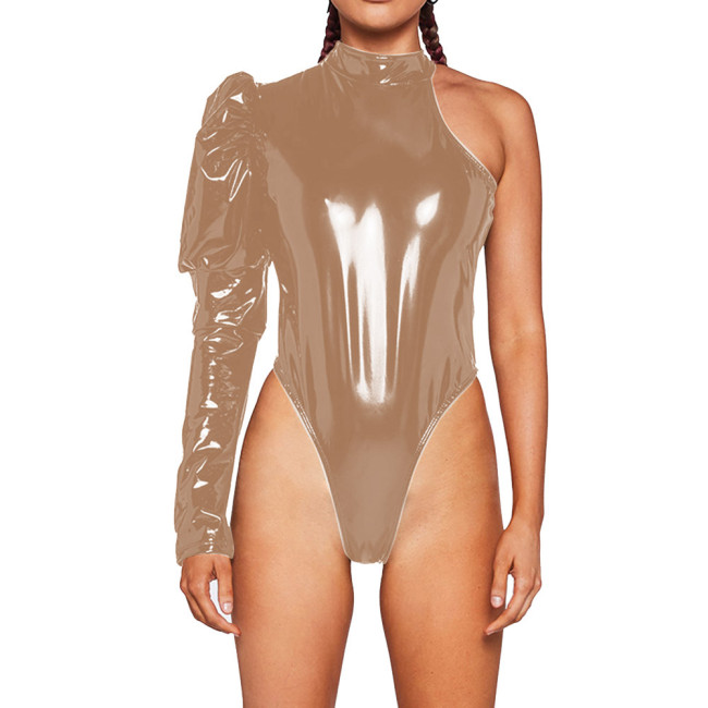 Punk Wet PVC Leather One Shoulder Puff Long Sleeve Bodysuit Party Club Skinny Women Sexy Playsuits One Piece High Cut Rompers