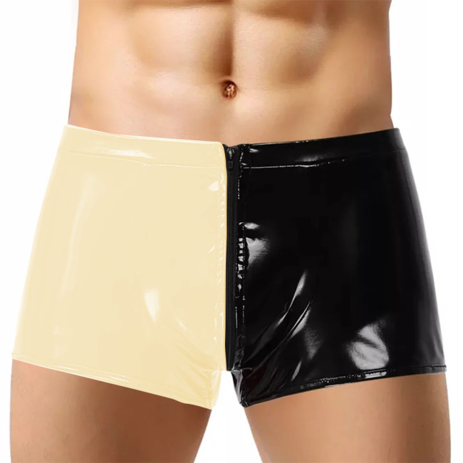 Men's Shiny PVC Leather Patchwork Boxer Shorts Sexy Zipper Open Crotch Protruding Wet Look Male Hot Pants Pole Dancing Costume