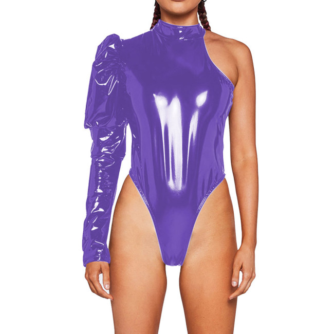 Punk Wet PVC Leather One Shoulder Puff Long Sleeve Bodysuit Party Club Skinny Women Sexy Playsuits One Piece High Cut Rompers