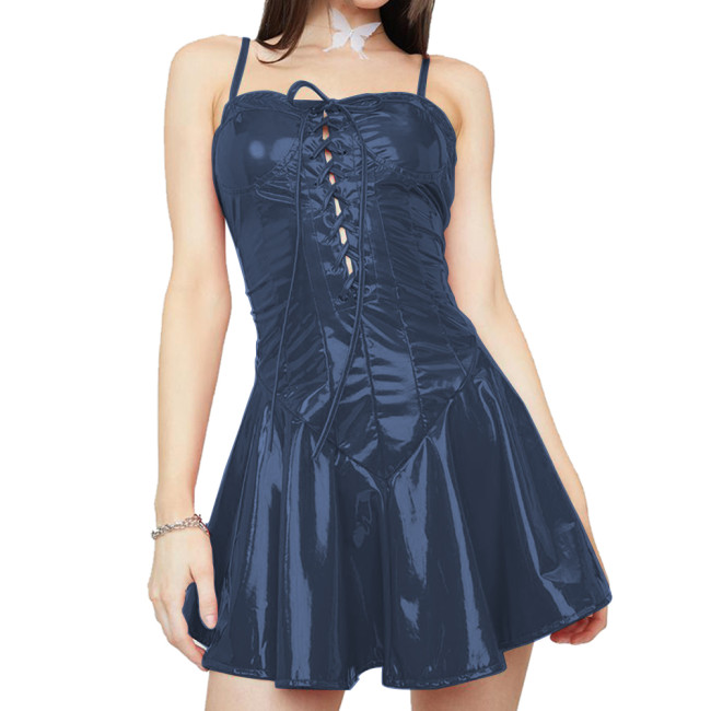 Punk Spaghetti Strap Shiny PVC Leather Fit and Flare Dress Sexy Lace-up Sleeveless Bodycon Club Mini Dress Female Bandage Dress