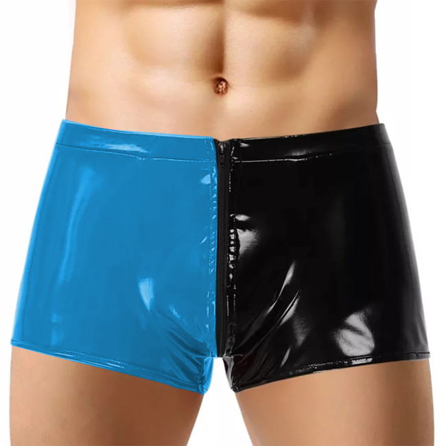 Men's Shiny PVC Leather Patchwork Boxer Shorts Sexy Zipper Open Crotch Protruding Wet Look Male Hot Pants Pole Dancing Costume